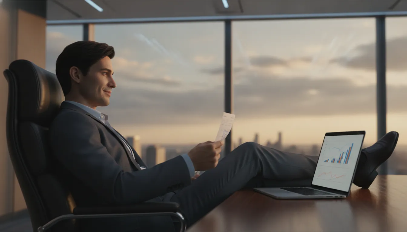 Professional holding a paycheck stub, comfortable but quietly restless at the desk.