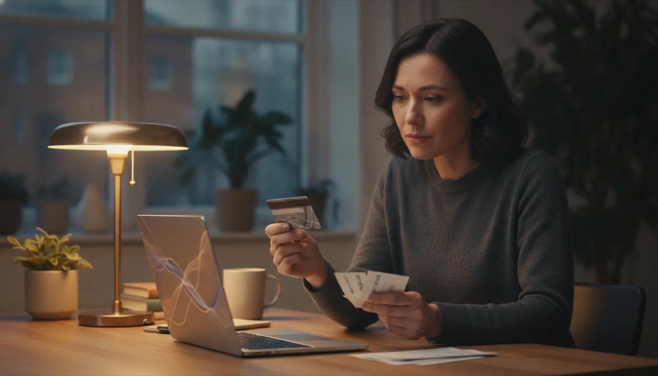 Person at a kitchen table weighing a credit card against a stack of installment slips.