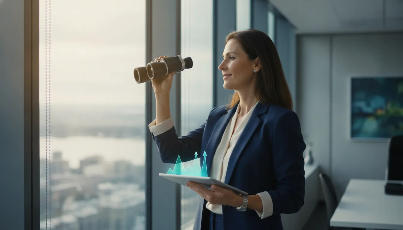 Investor looking through binoculars toward the horizon, scanning for what is next.