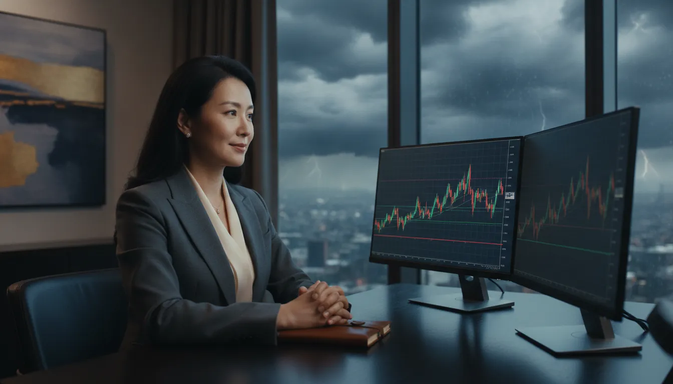 Composed investor steady at her desk while a storm gathers outside the window.