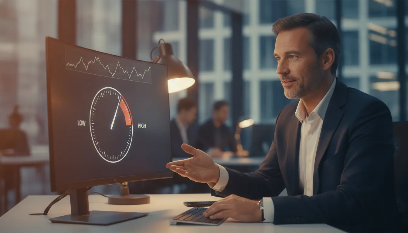 Trader studying an RSI gauge dial swinging between oversold and overbought zones.