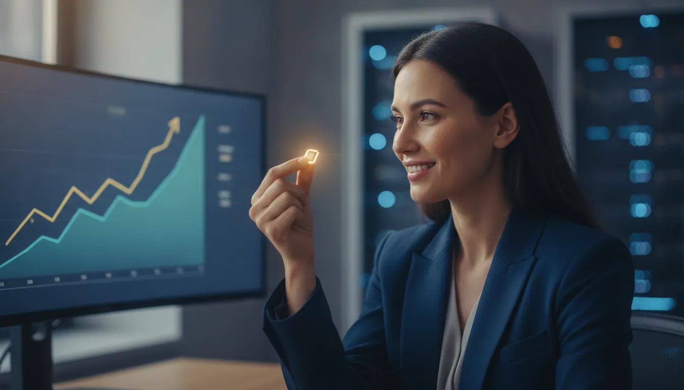 Investor examining a glowing computer chip, spotting the next essential component early.