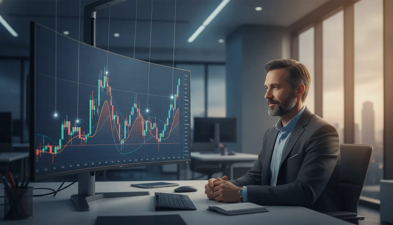Trader studying a chart with faint marionette strings, aware of the hands moving the market.