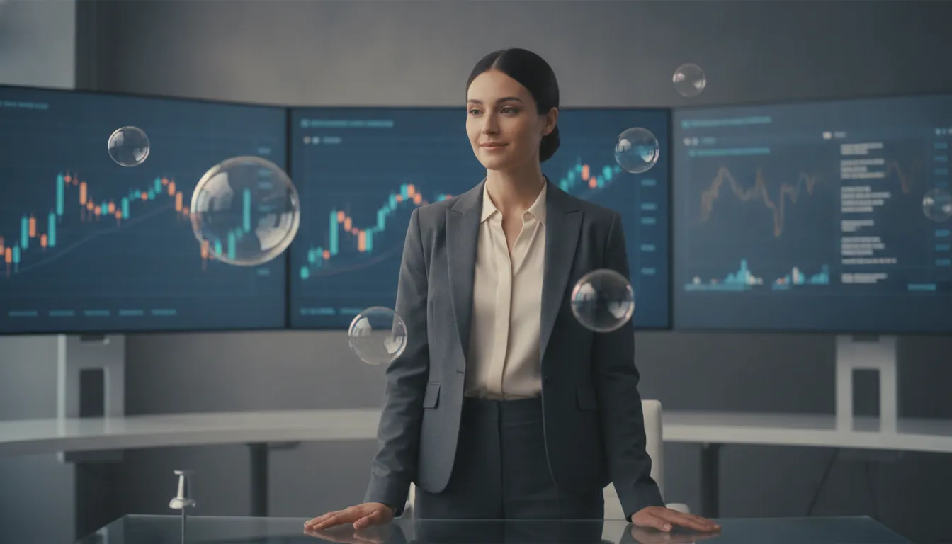 Composed investor watching soap bubbles float near a pin, unbothered by bubble fears.
