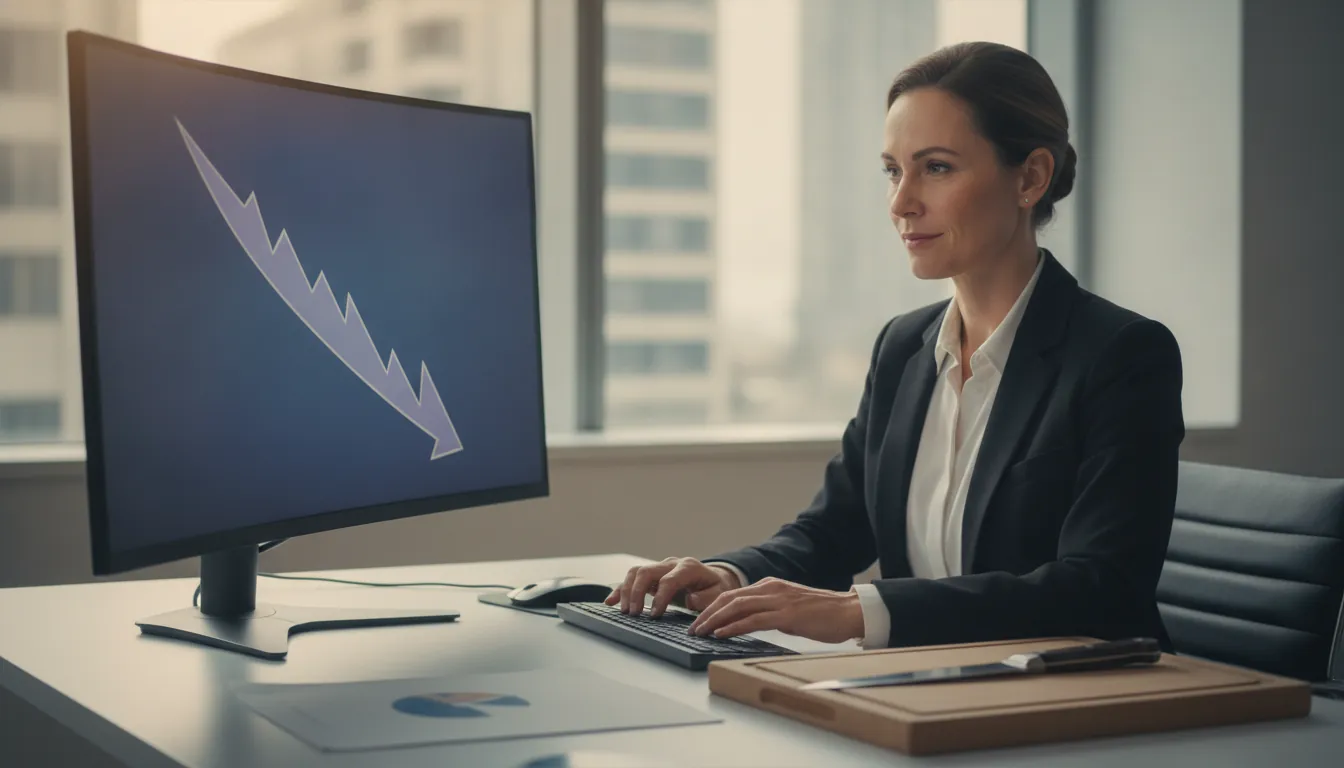 Analyst studying a blade-shaped declining chart, knife resting safely on a cutting board.