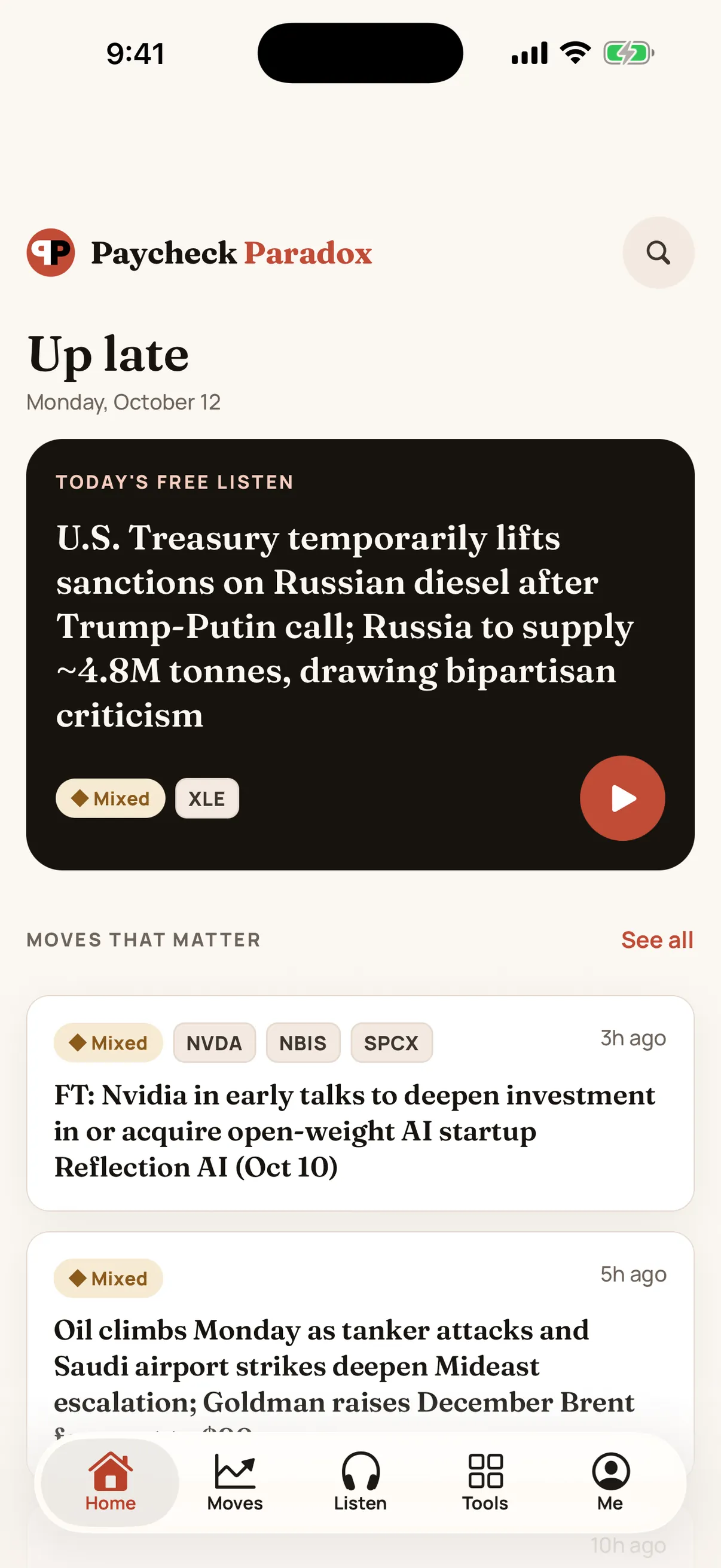 The app's home screen: today's free listen and the latest Moves That Matter.