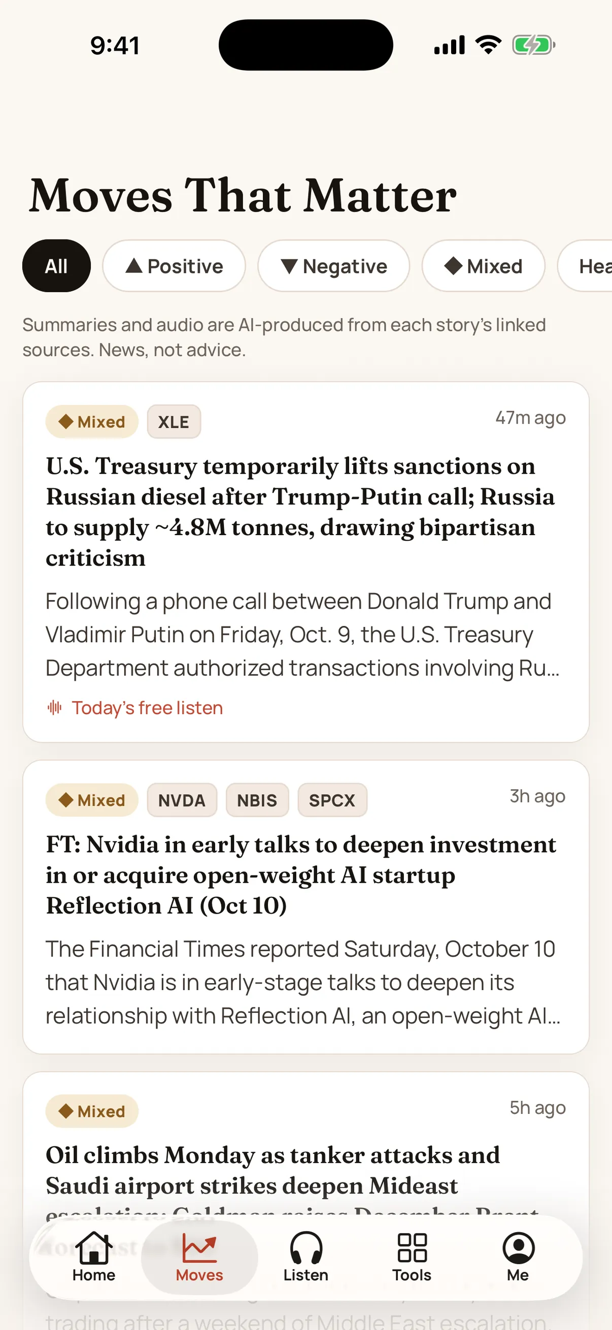 Moves That Matter: hourly market news, each marked positive, negative or mixed.