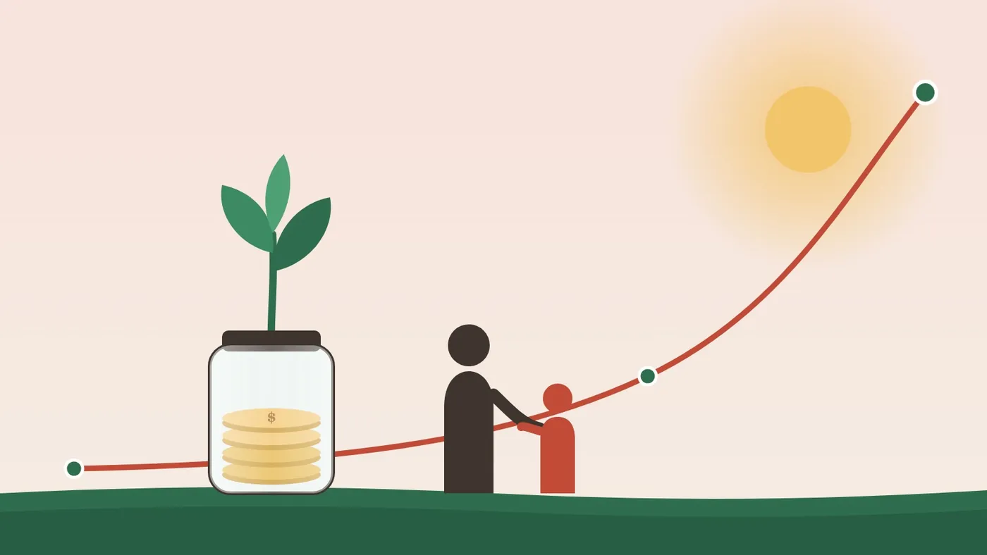 A sapling growing from a jar of coins as a parent and child look up a rising growth curve.