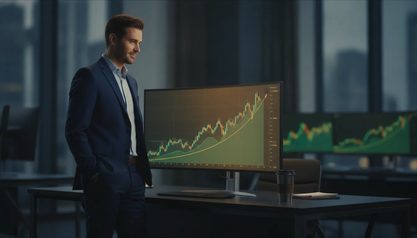Confident trader watching an upward-trending stock chart, representing momentum trading strategy.