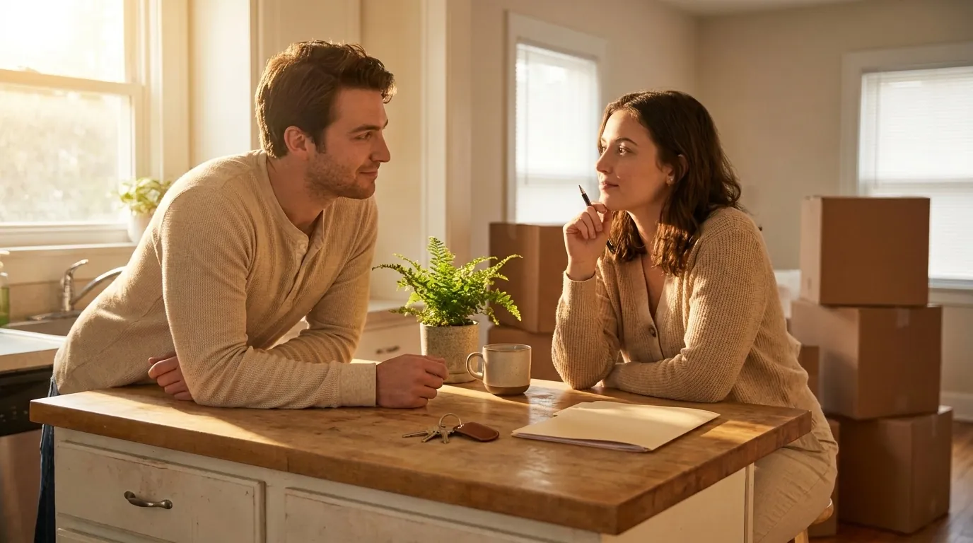 A young couple talk at the kitchen island of their first home, new house keys and a folder of mortgage papers on the counter, moving boxes behind them.