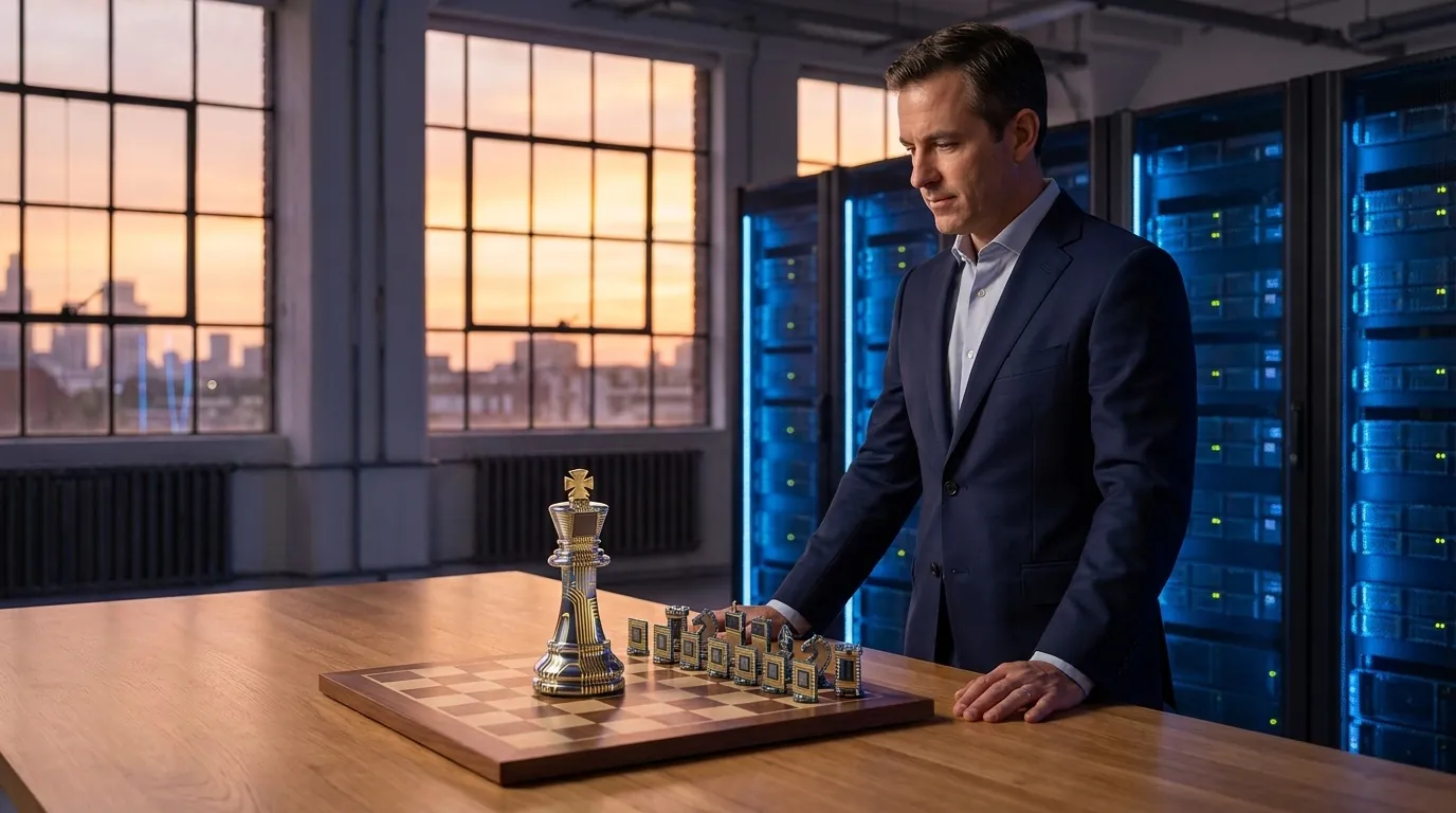 An executive in a data center studies a chessboard whose king is a gleaming silicon chip, with server racks glowing behind.